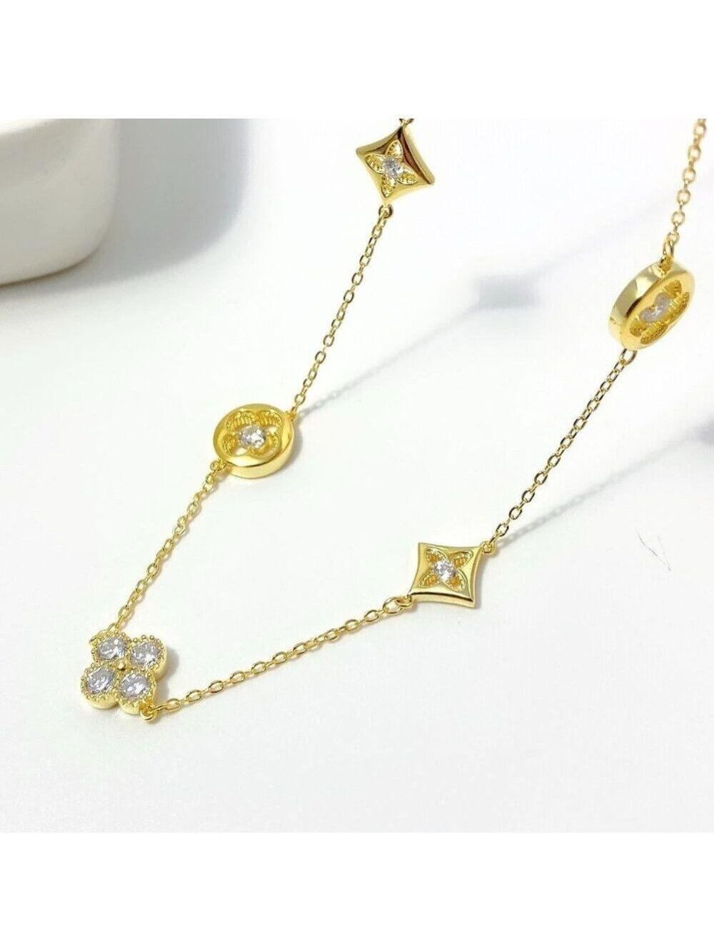 5-station necklace 18KY Gold Plated or Rhodium Plated over 925 Sterling silver - Picture 3 of 3
